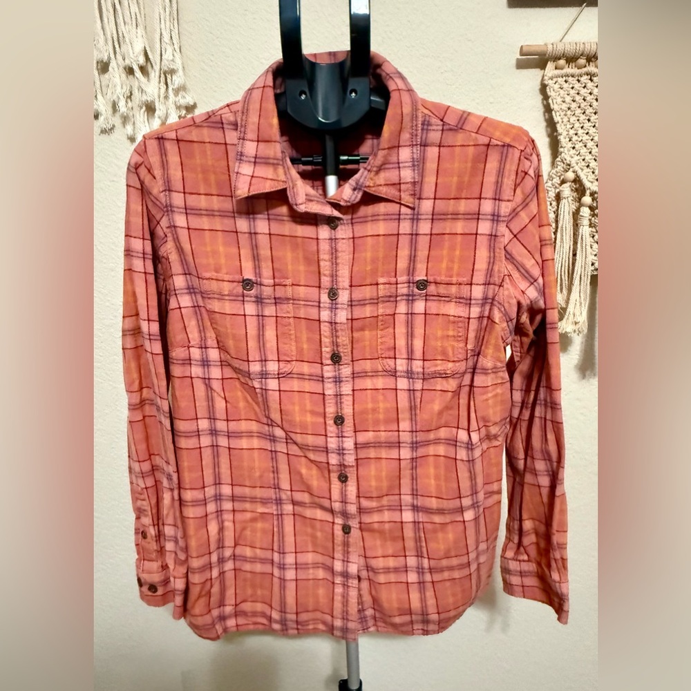 Duluth Trading Co Women's Plaid Button Down Shirt - Orange and Black